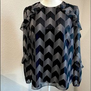 Size 3 Ted Baker - Blouse, ruffled sleeves, black, white, metallic gold thread.